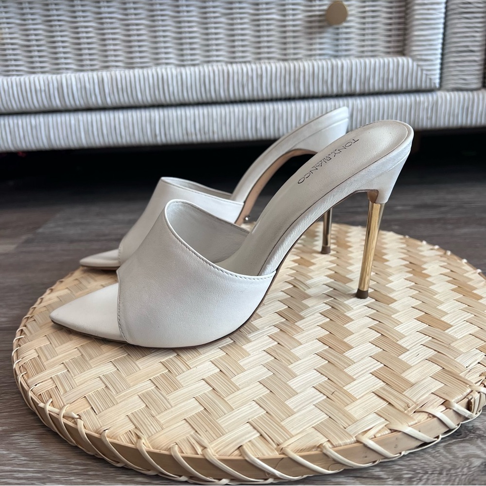 Tony Bianco x Revolve heels white and gold mules
